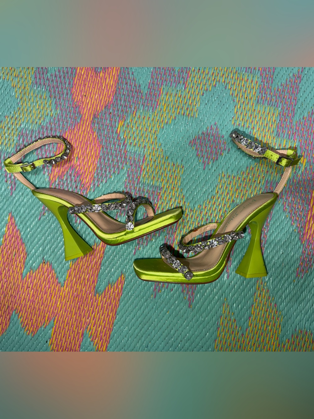 Betsey Johnson Neon Lime Satin Crystal-Strap Platform Heels